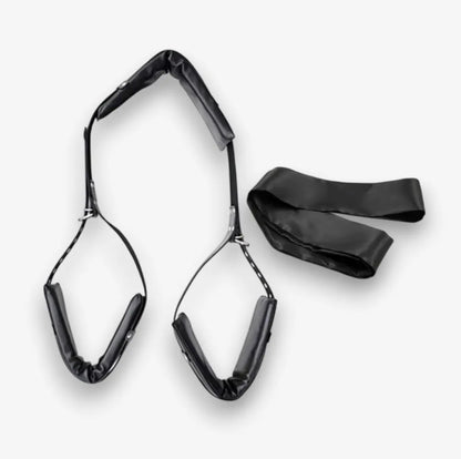 Adjustable leather bondage accessory harness with open legs spreader for fetish couples